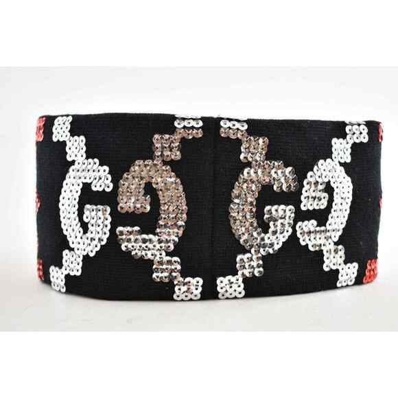 Gucci Black Sequin Silver Red GG Logo Wool Stretchy Headband Hair Small 56cm - Picture 6 of 10